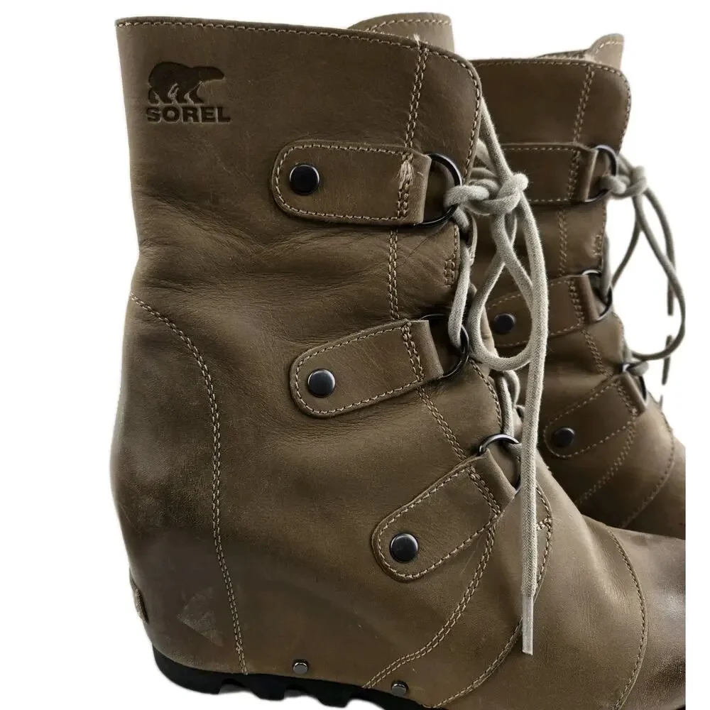 Sorel Boots Womens 9 Joan Of Artic Wedge Mid Tan Distressed Dark‎ Fog Waterproof